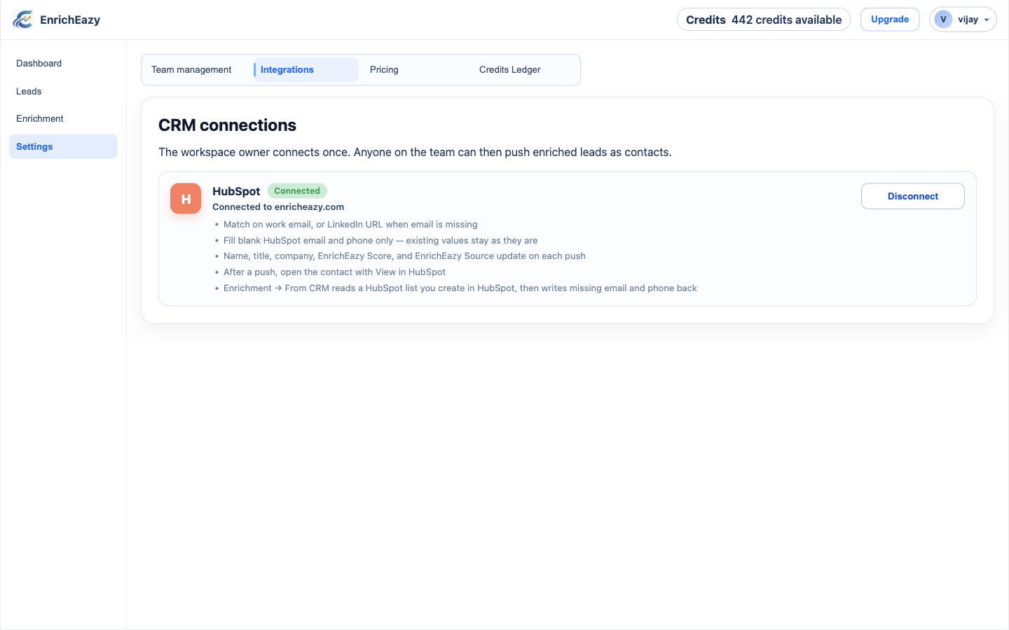 EnrichEazy Settings Integrations page showing HubSpot connected, with a Disconnect button
