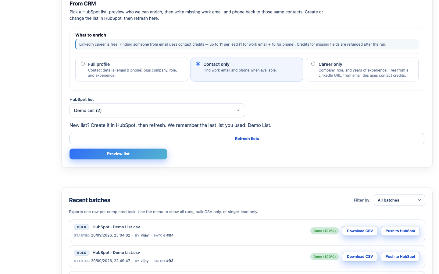EnrichEazy From CRM screen with Contact only selected and HubSpot Demo List chosen