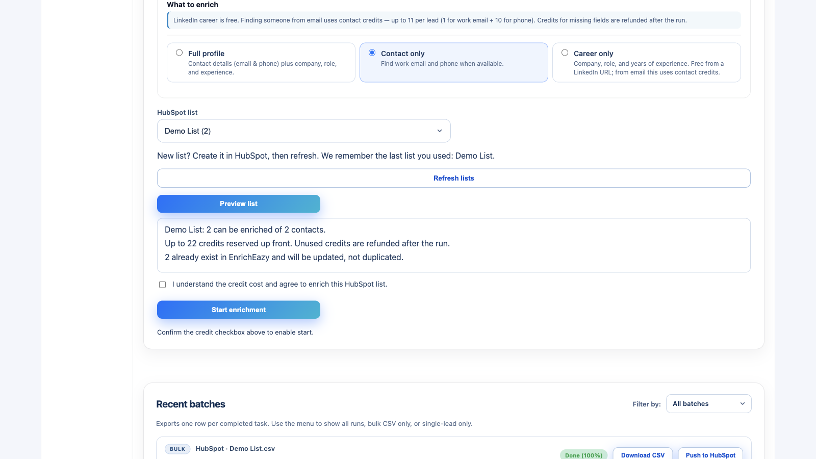 EnrichEazy list preview showing how many HubSpot contacts can be enriched and the credit estimate