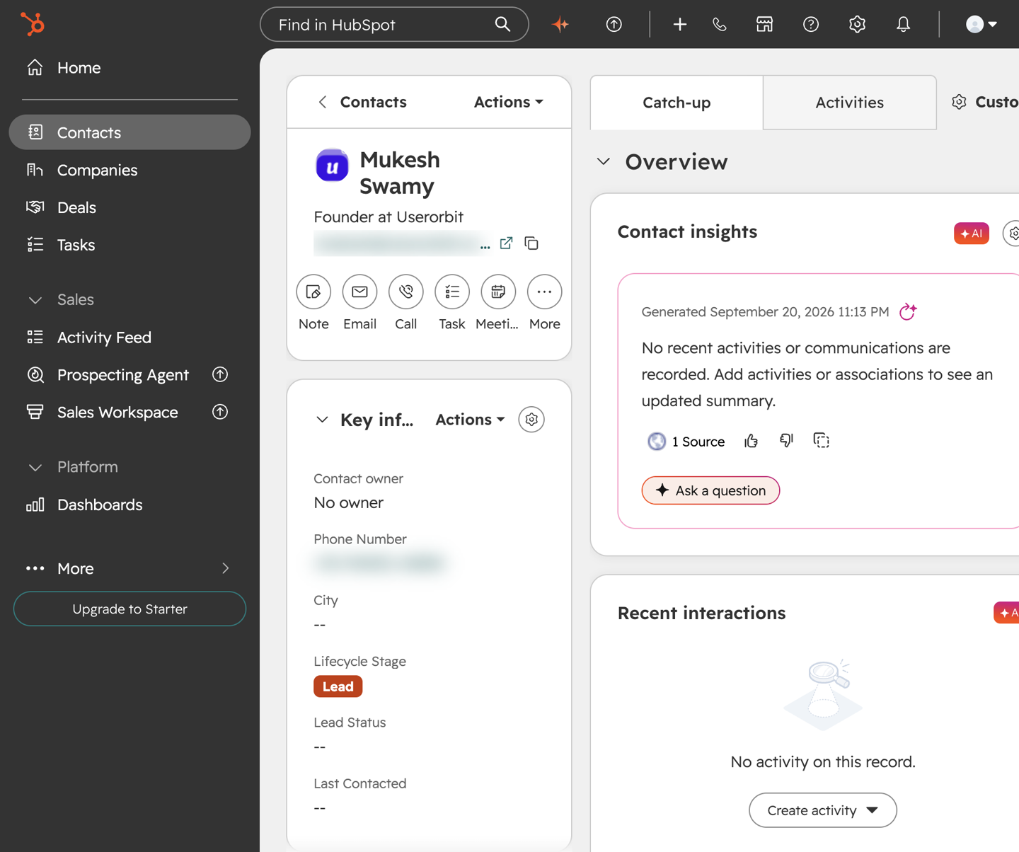 HubSpot contact record after an EnrichEazy push, with email and phone values present on the contact