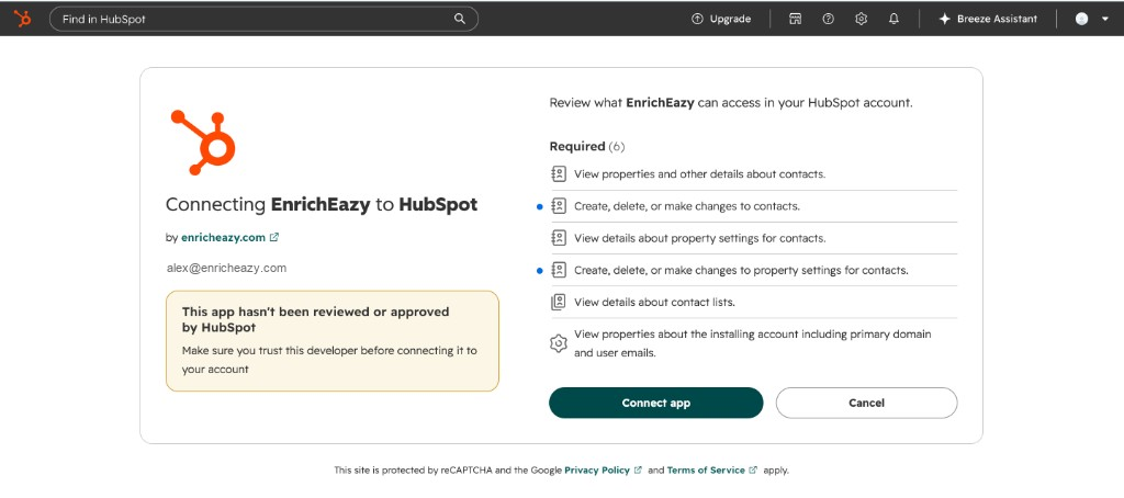 HubSpot permission screen listing the access EnrichEazy requests before you connect
